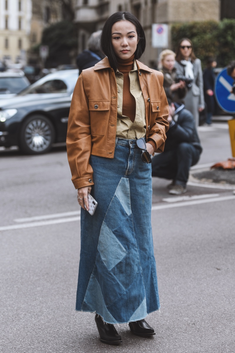 Brown Leather Jacket Patchwork Denim Skirt Outfit