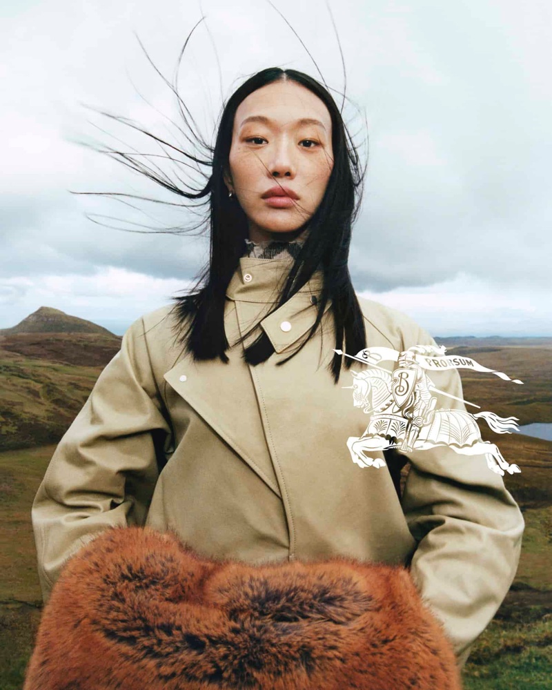 Sora Choi wears a timeless trench coat in Burberry's winter campaign