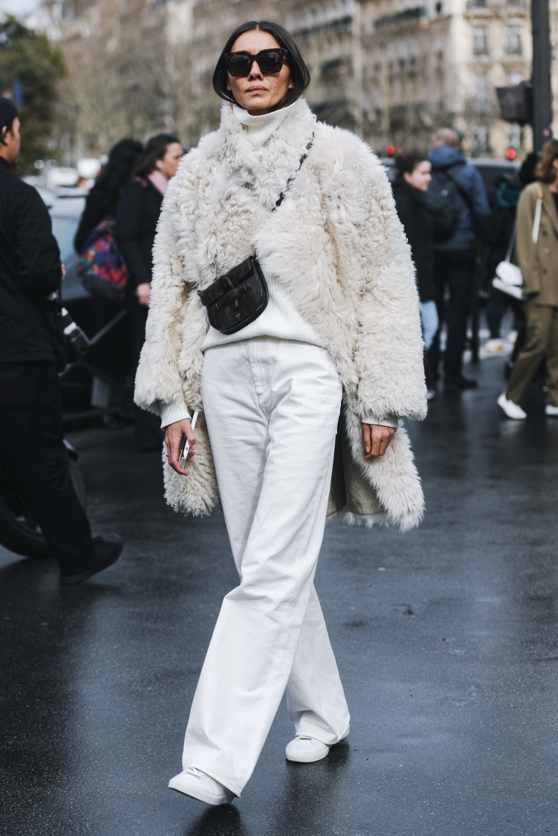 Faux Fur Coat White Pants Neutral Outfits