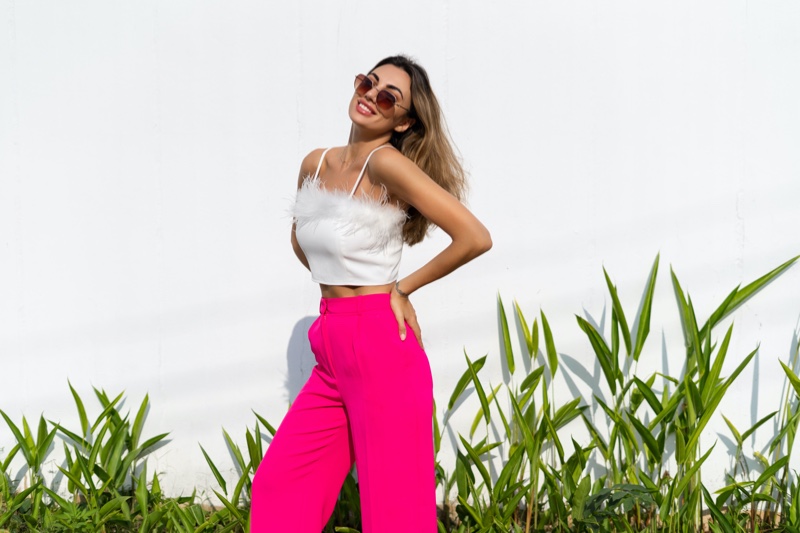 Feathered Top Pink Pants Crop Top