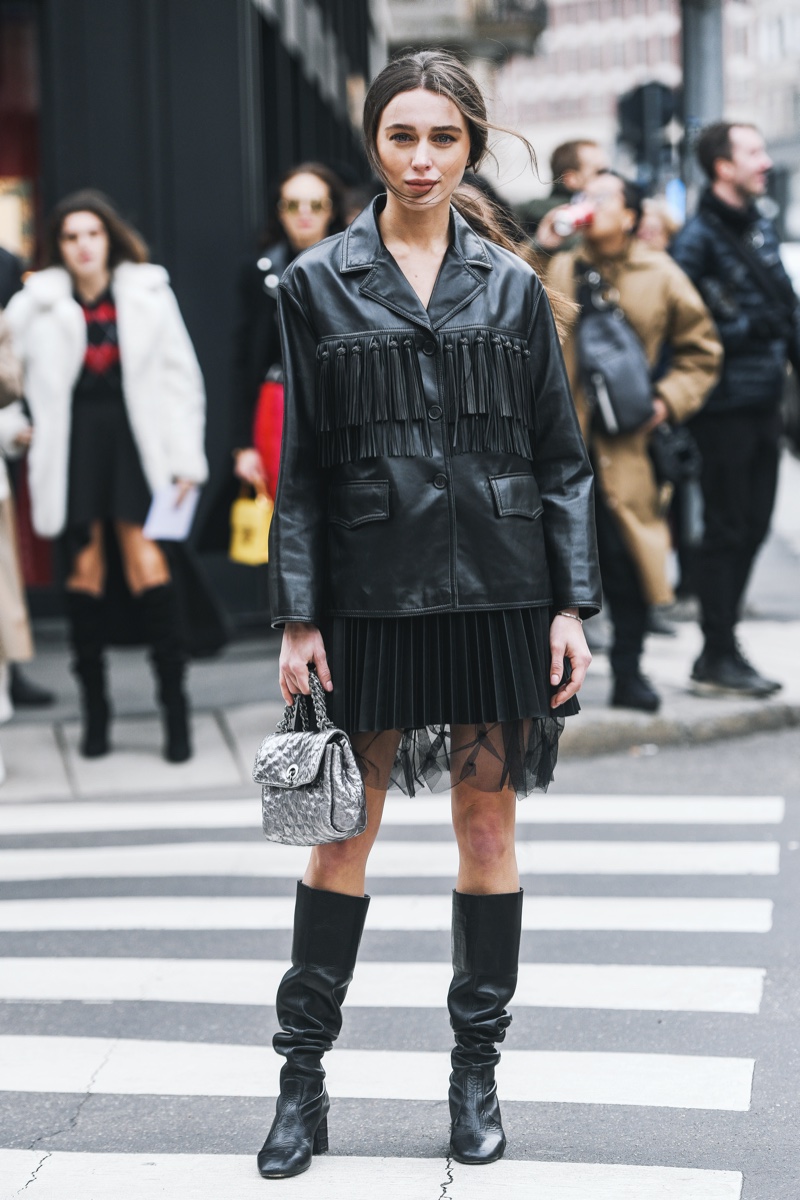 Fringe Leather Jacket Skirt Boots Outfit