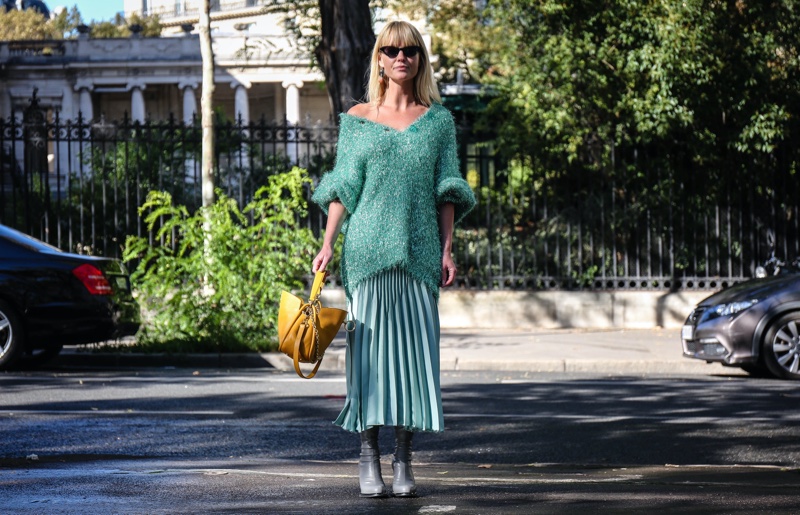 Green Sweater Skirt Monochrome Outfits