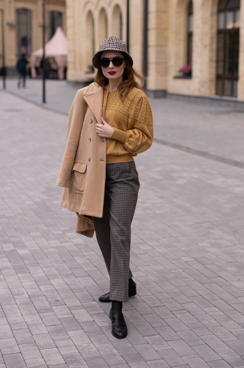 Hat Coat Sweater Pants Prints Neutral Outfits