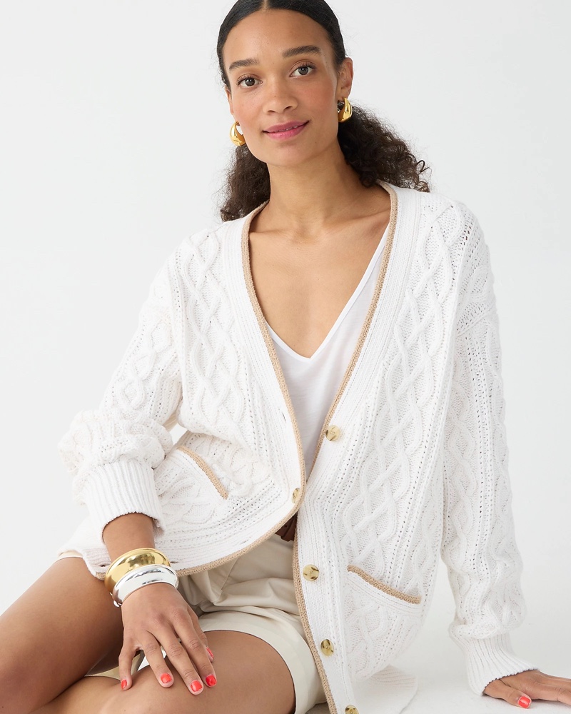 J. Crew Contrast-trim Cable-knit Cardigan Sweater $198