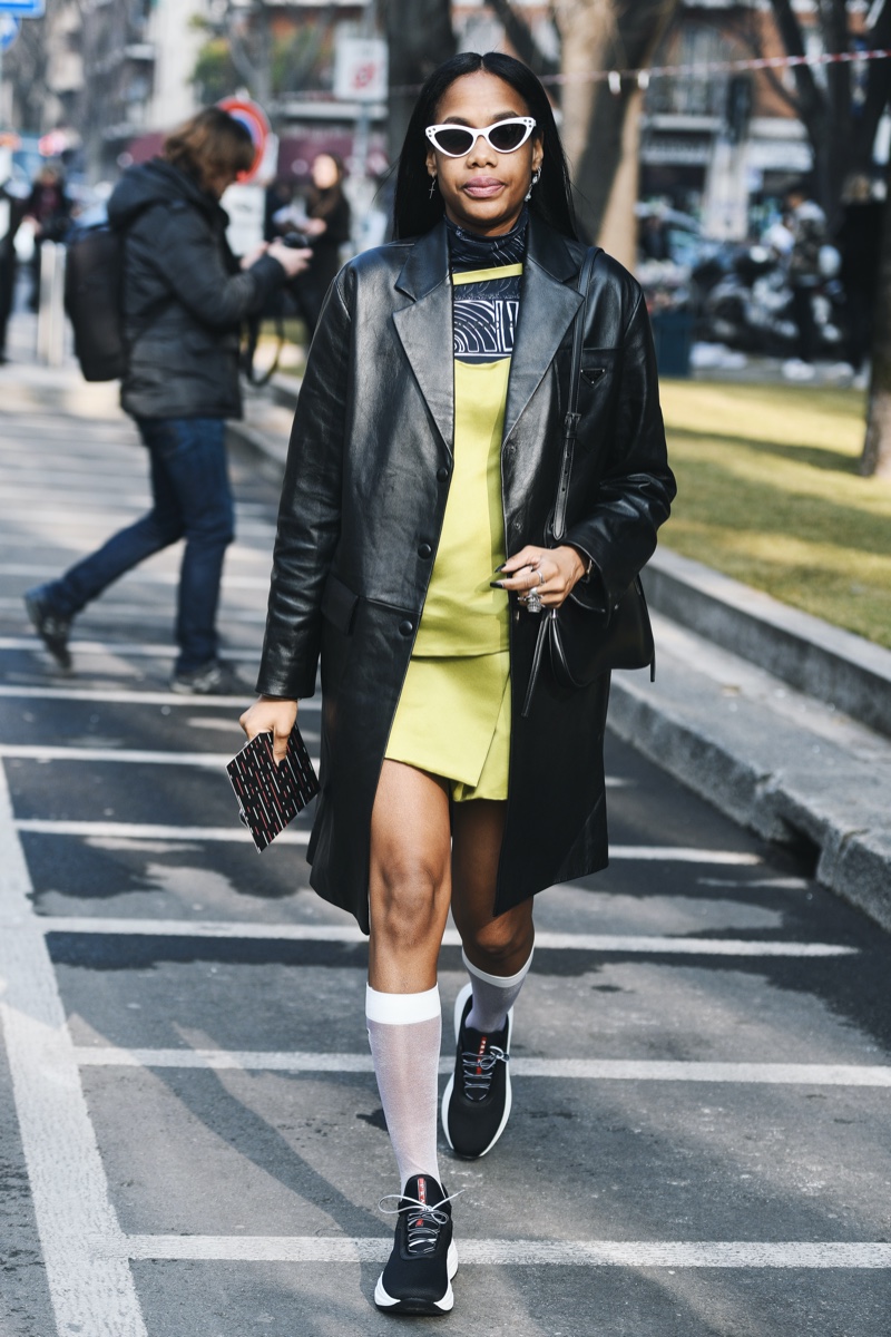Leather Coat Green Dress Sneakers Outfit