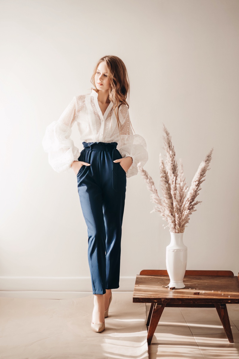 Puff Sleeve Blouse Tailored Pants Work Capsule Wardrobe