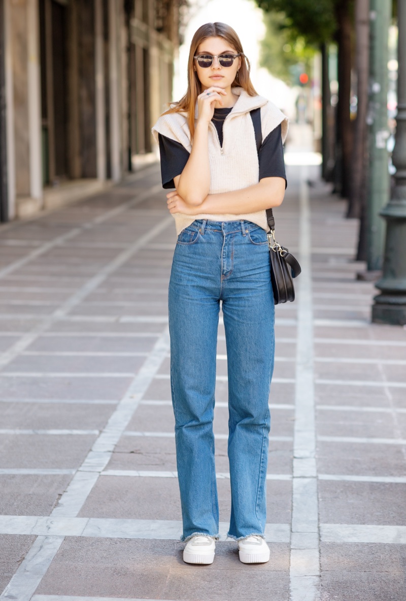 Sweater Vest Blue Jeans Short Sleeve Shirt Neutral Outfits