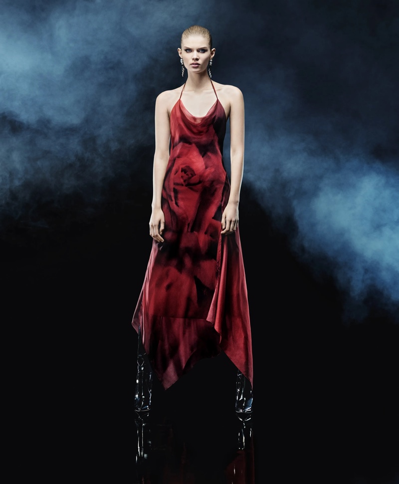 Ida Heiner models floral print slip dress in Alberta Ferretti's fall-winter 2023 campaign.