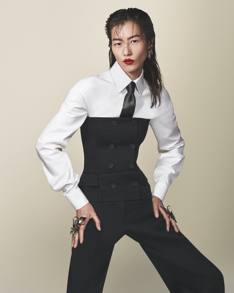 Liu Wen wears corset-inspired top for Alexander McQueen fall-winter 2023 campaign.