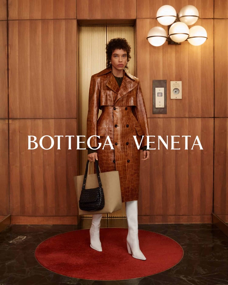 Lara Menezes poses in Bottega Veneta winter 2023 collection.