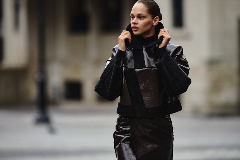 Hiandra Martinez wears sleek outerwear from DKNY's fall 2023 collection.