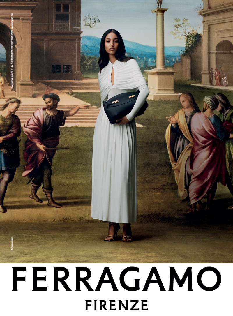 Renassiance artwork inspires the Ferragamo fall 2023 campaign, featuring Mona Tougaard.