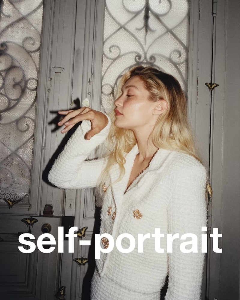 Posing in Paris, Gigi Hadid poses for Self-Portrait fall 2023 campaign.