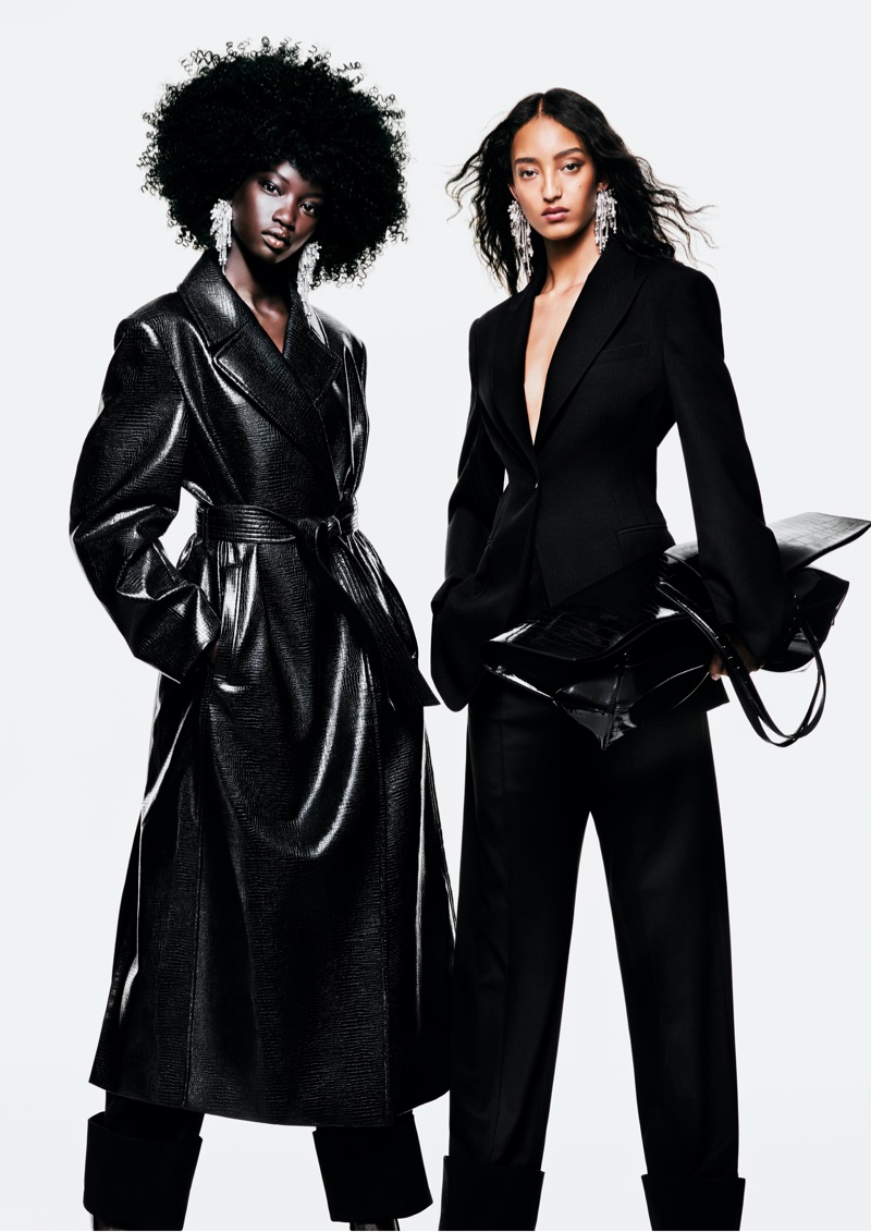 Anok Yai and Mona Tougaard wear all-black looks for H&M fall 2023 campaign.
