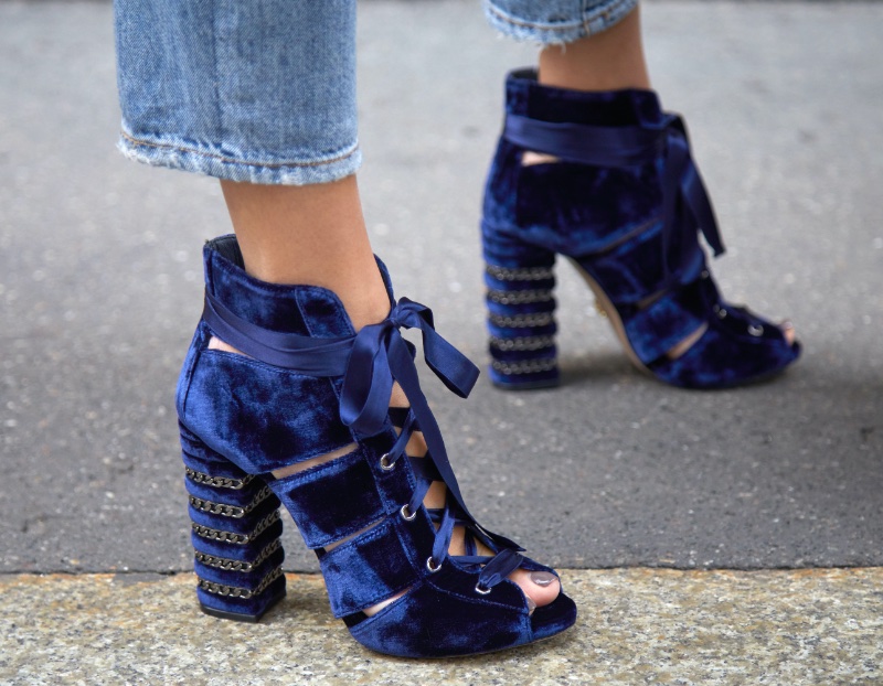 How to Wear Color Fall Blue Velvet Heels Shoes AndreaA