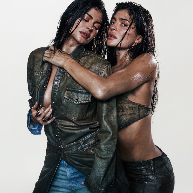 Twinning in denim: Kylie poses alongside her doppelgänger for Acne Studios.