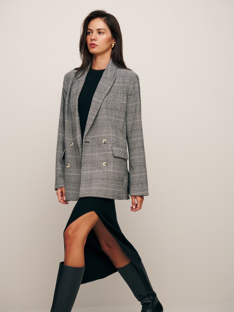 Reformation Winston Blazer in Black & White Plaid