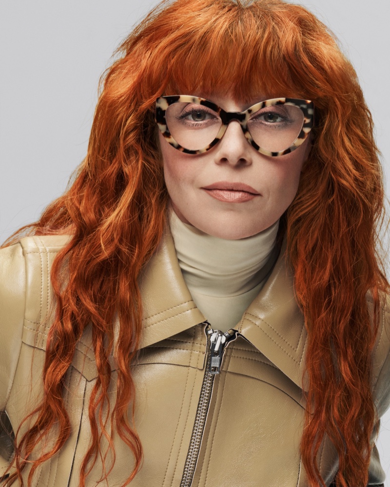 Natasha Lyonne models Warby Parker Kelsey Glasses in Marzipan Tortoise for fall 2023.