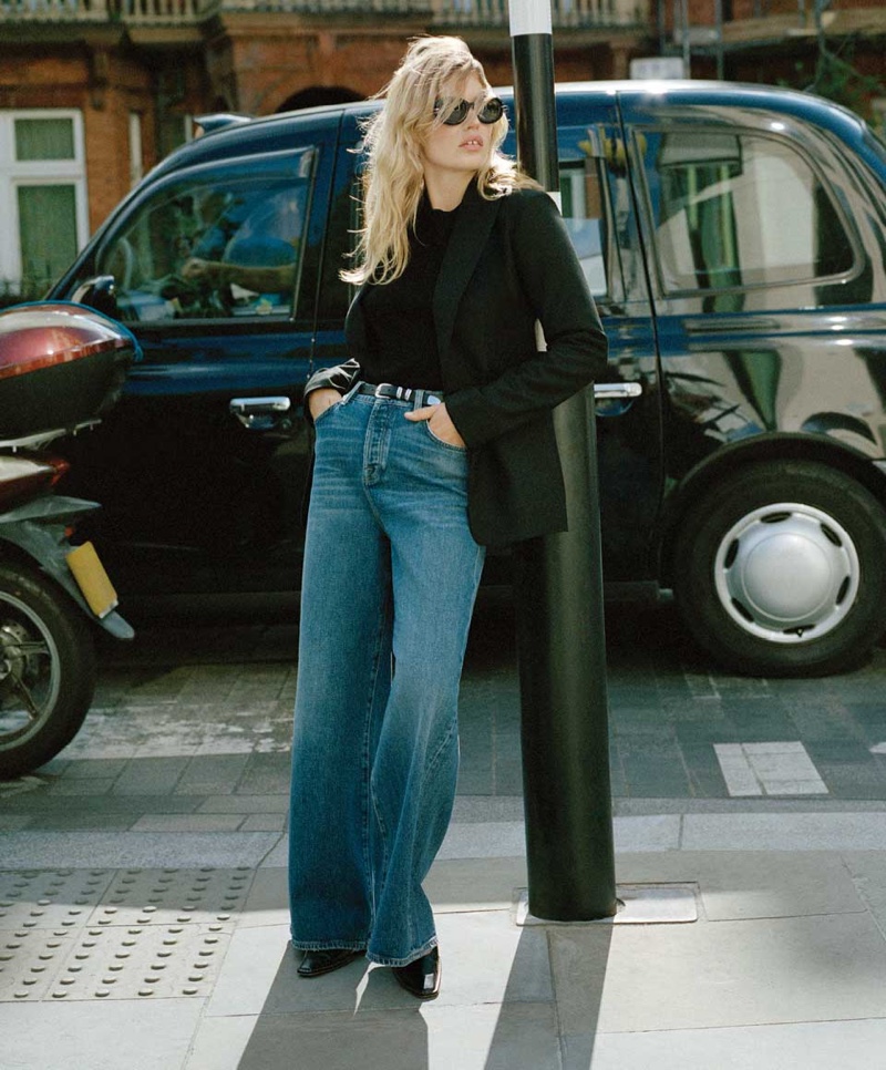 Georgia May Jagger models a high-waisted jeans outfit in 7 for All Mankind fall 2023 campaign.