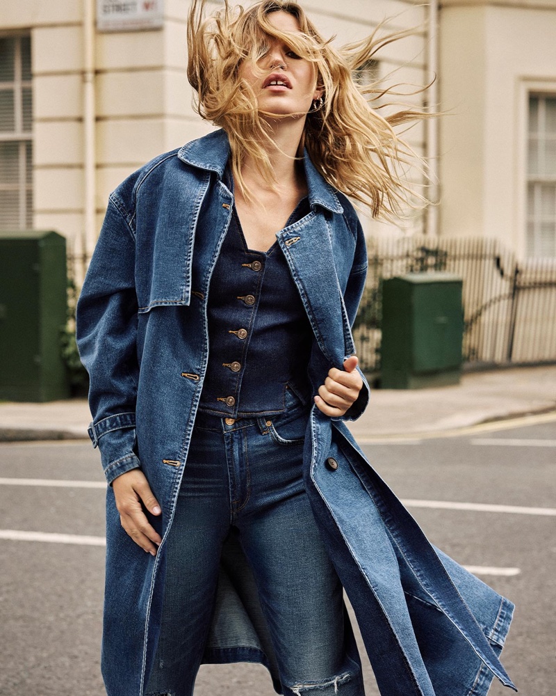 Wearing denim from head to toe, Georgia May Jagger poses in London for 7 for All Mankind.