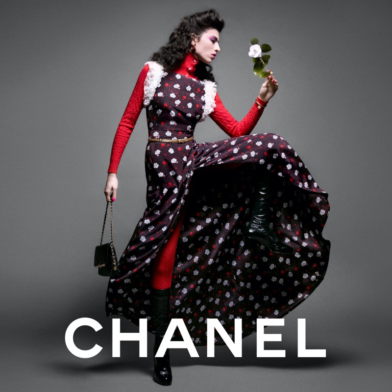 A floral printed dress stands out in Chanel's fall-winter 2023 ad campaign.