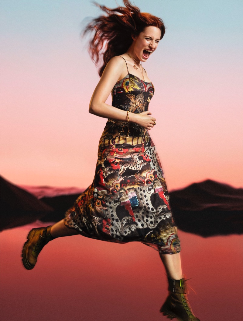 Wearing a slip dress with prints, Julia Banas fronts Desigual x Christian Lacroix fall 2023 campaign.