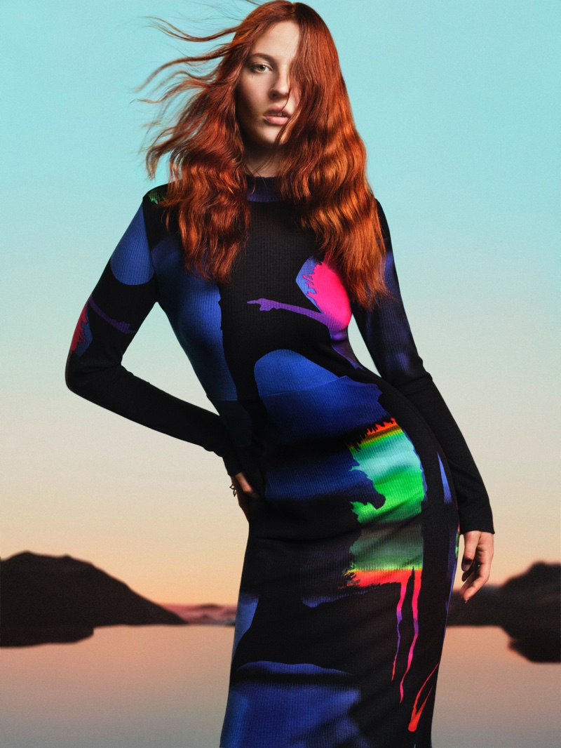 Desigual and Christian Lacroix features a body con dress in fall 2023 collaboration.