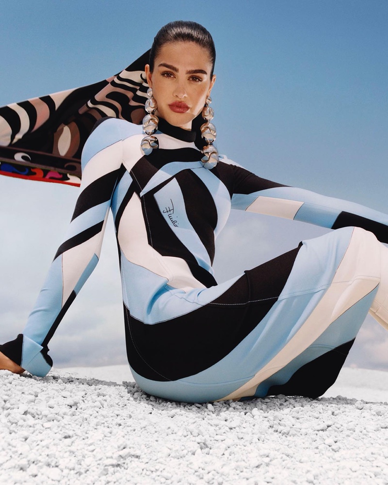 A printed dress stands out in the Emilio Pucci fall-winter 2023 campaign.