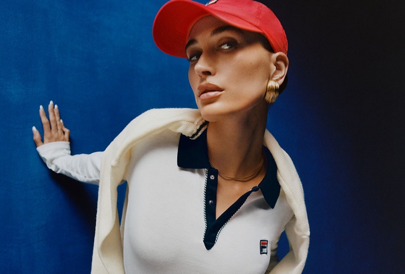 Looking sporty chic, Hailey Bieber wears F-Box Anniversary Collection from FILA.