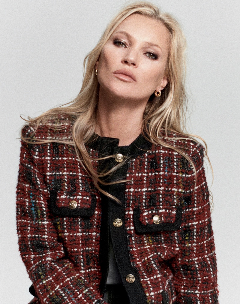 A plaid red jacket takes the spotlight in Anine Bing's fall 2023 ad campaign with Kate Moss.