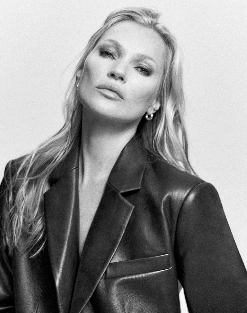 Wearing a leather blazer, Kate Moss fronts Anine Bing fall 2023 campaign.