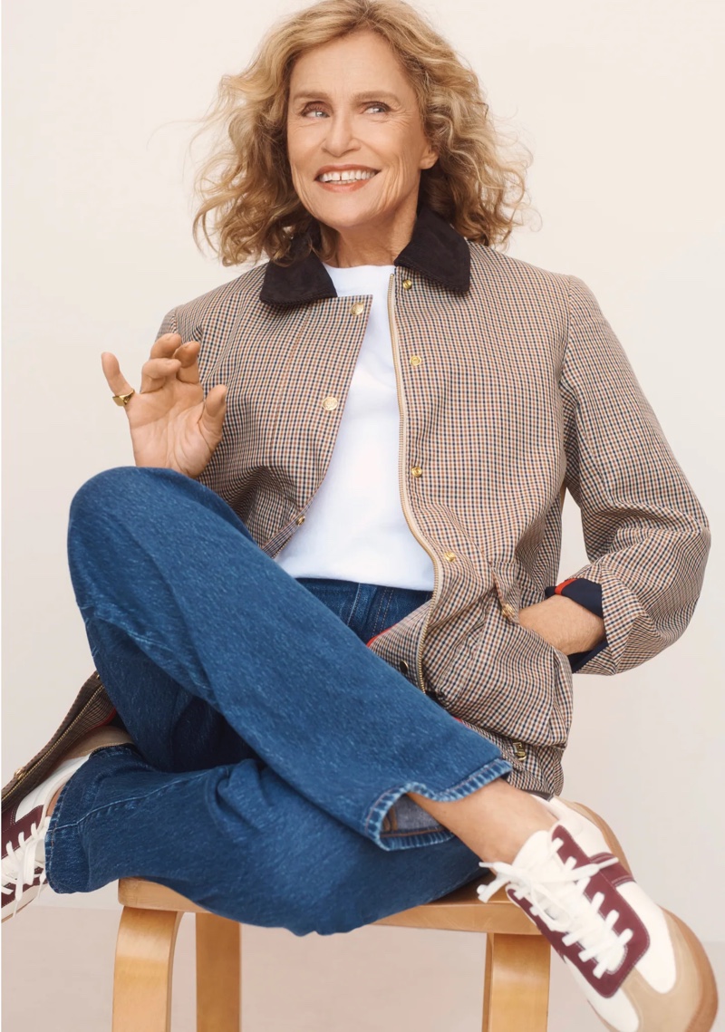 Wearing the barn jacket and jeans, the modeling legend keeps it casual for J. Crew Icons Only ad campaign.