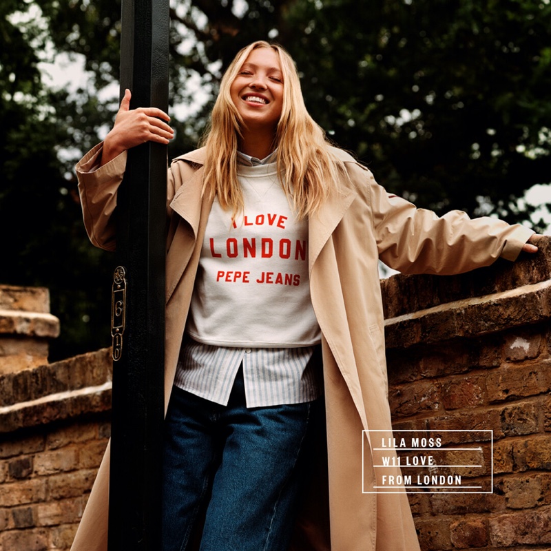 Pepe Jeans focuses on autumn layering with a trench coat and sweatshirt in fall 2023 campaign.