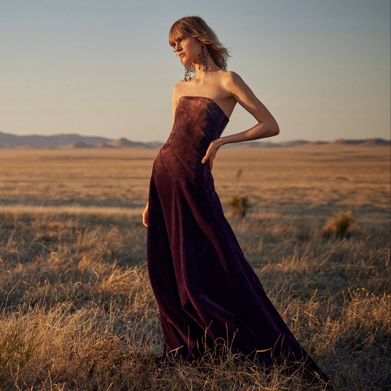 A strapless gown in burgundy channels Southwestern glam.