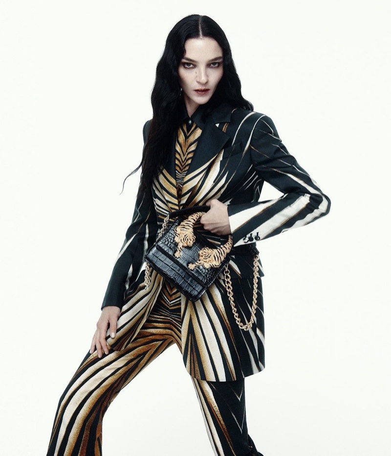 Mariacarla Boscono rocks bold prints in Roberto Cavalli fall-winter 2023 campaign.