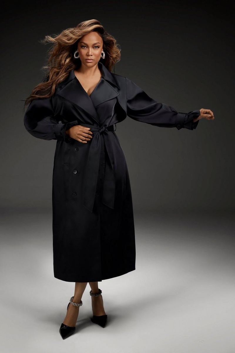 Tyra Banks layers up in a trench coat for Icons Vol. 5 capsule collection from Karen Millen.