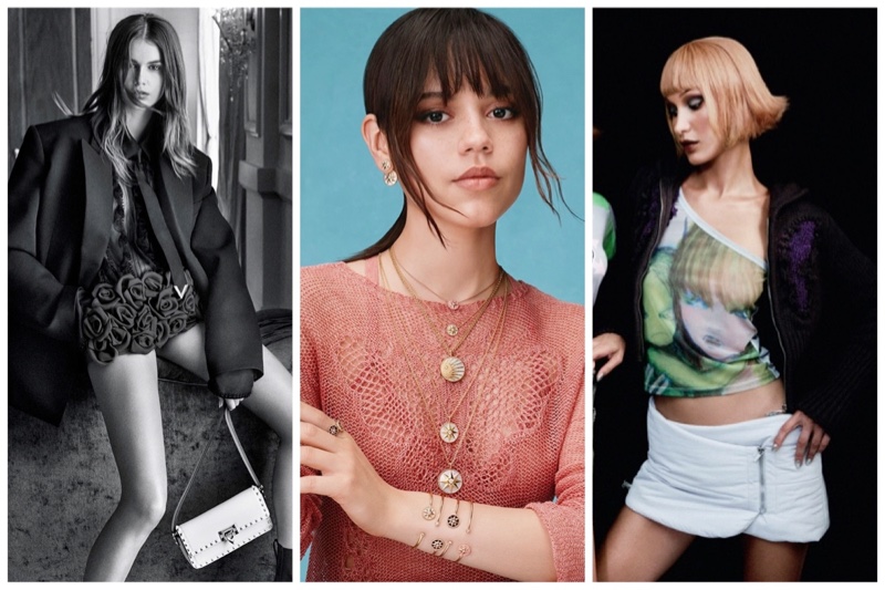 Week in Review: Kaia Gerber for Valentino fall 2023 campaign, Jenna Ortega poses in Dior Rose des Vents jewelry, and Bella Hadid for Heaven by Marc Jacobs fall 2023 ad.