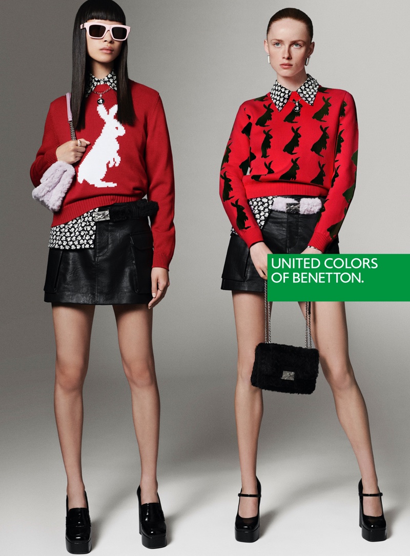 Diane Chiu and Rianne van Rompaey model playful prints in Benetton fall-winter 2023 campaign.