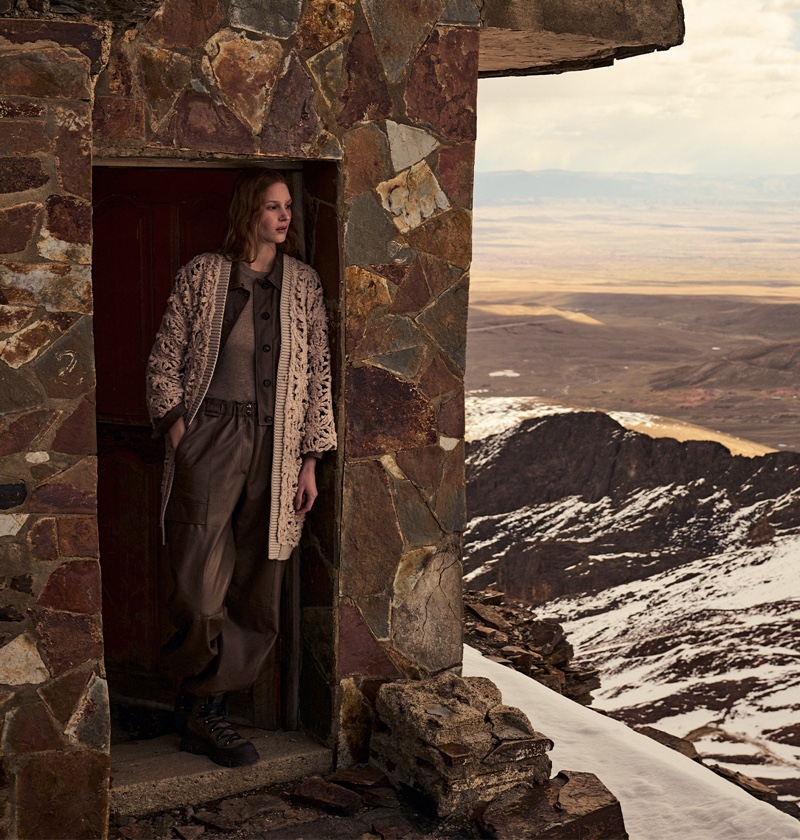 Isabel Monsees poses in Brunello Cucinelli Charming Vistas winter 2023 editorial.