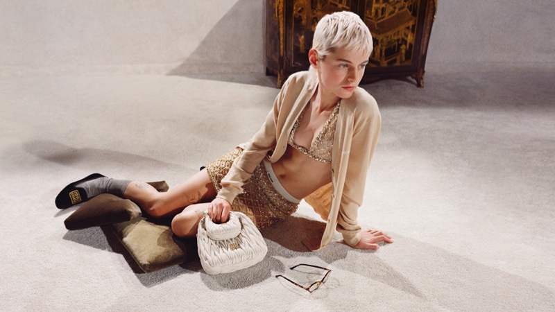 Sparkling separates stand out in the Miu Miu holiday 2023 campaign.