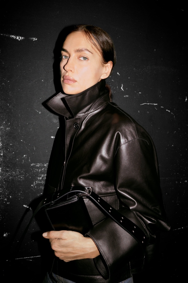 Irina Shayk is minimal chic in Zara Leather Pocket Jacket.