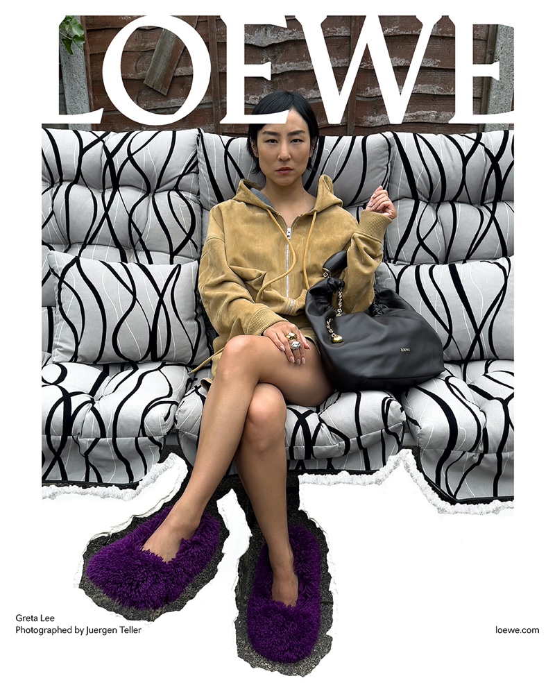 Greta Lee strikes a pose in the LOEWE pre-spring-summer 2024 campaign.