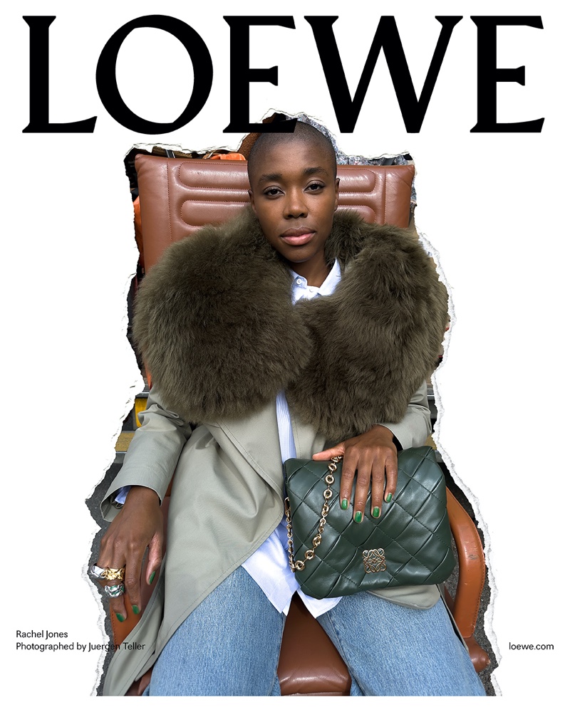 Rachel Jones layers in a coat and jeans for Loewe pre-spring 2024 campaign.
