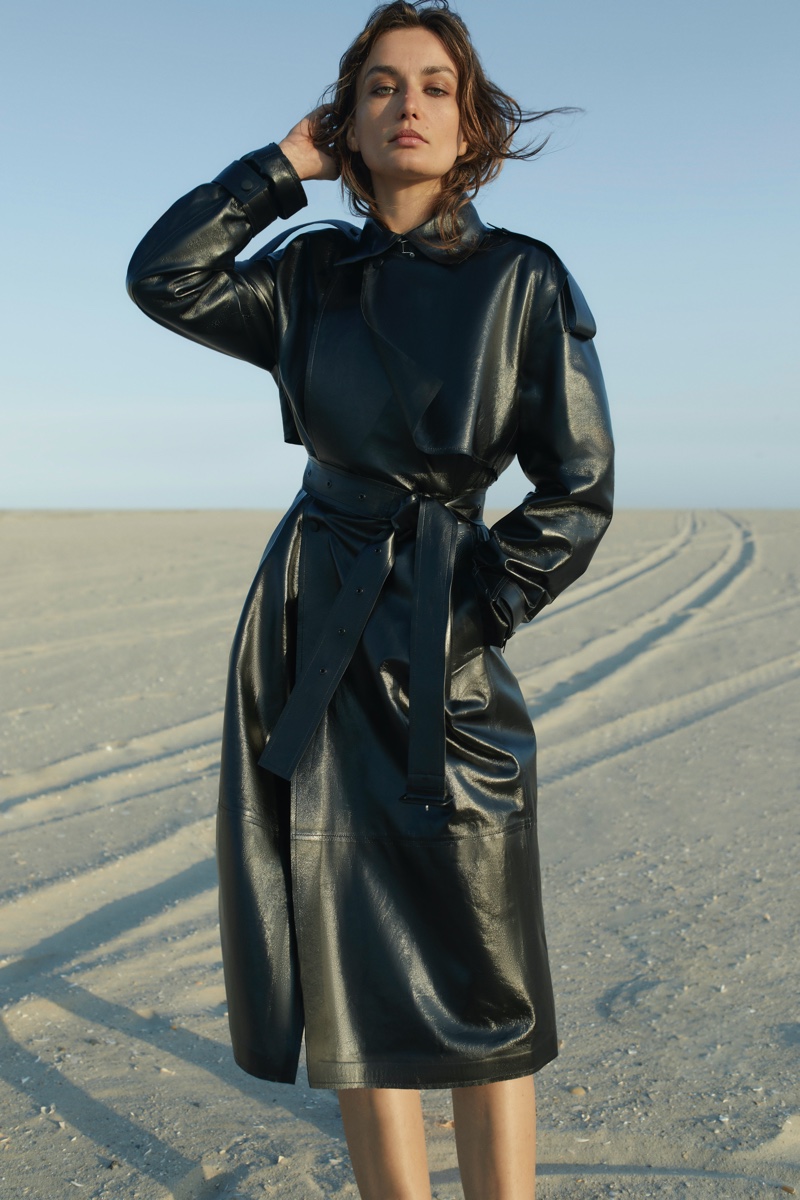 A sleek leather coat is featured in Mackage's fall campaign.