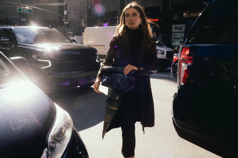 Andreea Diaconu wears leather coat while posing in New York City for Massimo Dutti.