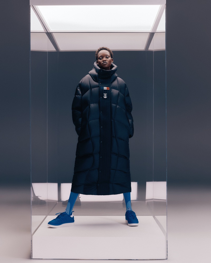 Moncler and adidas Originals celebrates pufffer styles for fall-winter 2023.