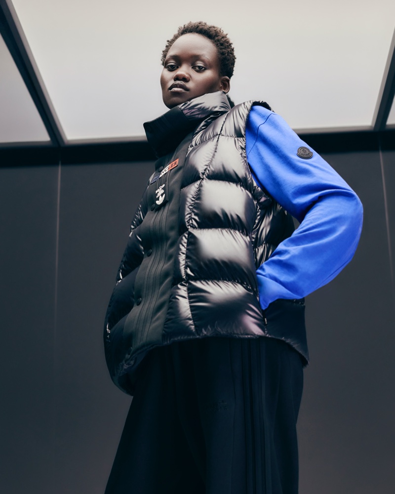 Padded gilets from the Moncler x adidas Originals fall 2023 collection redefine layering.