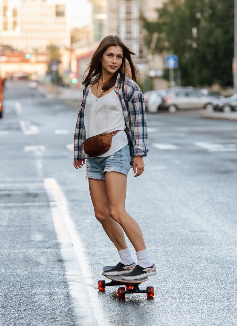 Plaid Shirt Tank Top Belt Bag Denim Shorts Skater Girl Outfits