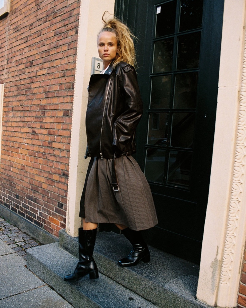 Zara Oversized Faux Leather Biker Jacket, Combination Midi Skirt & Block Heel Leather Ankle Boots.