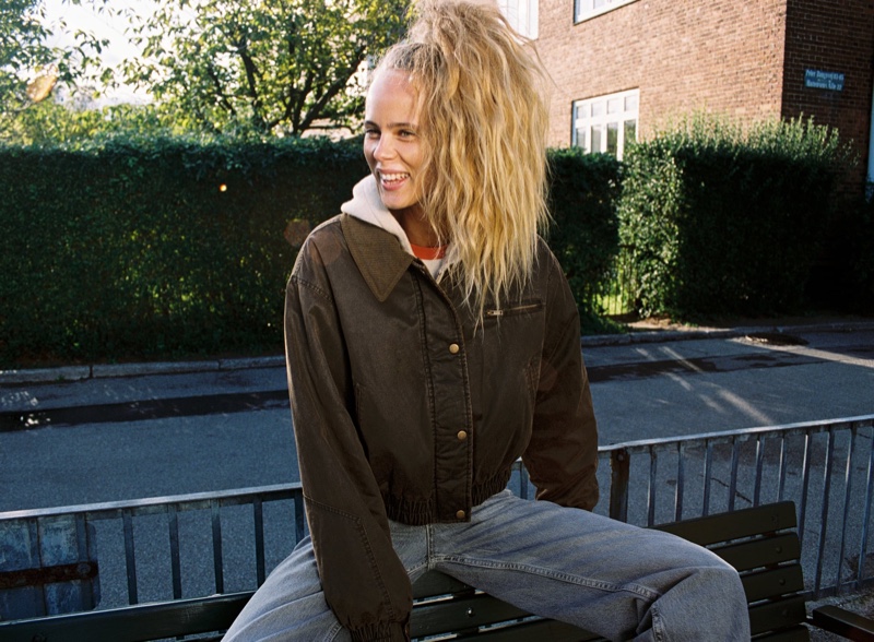 Zara Corduroy Collar Waxed Crop Bomber, Hooded Knit Cardigan & TRF High Rise Wide Leg Jeans.